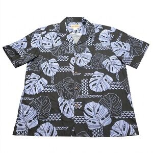 Blue Hawaii Mens XL Cotton Aloha Shirt Monstera Leaf Black Blue Made in USA